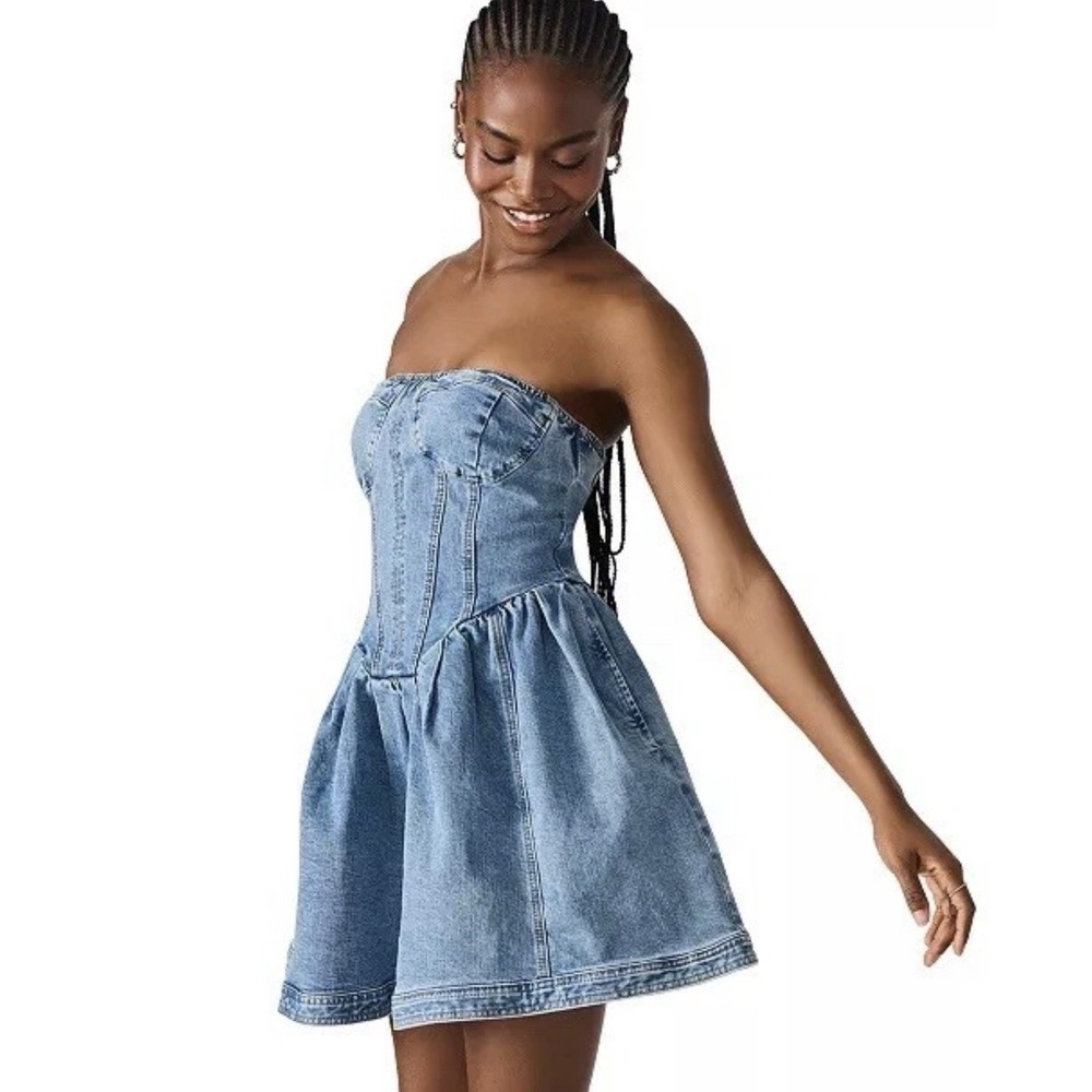 Steve Madden Denim Strapless Corset Mini Dress in Light Blue